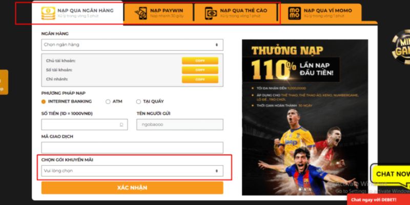 Nạp tiền vào tài khoản Debet qua ngân hàng
